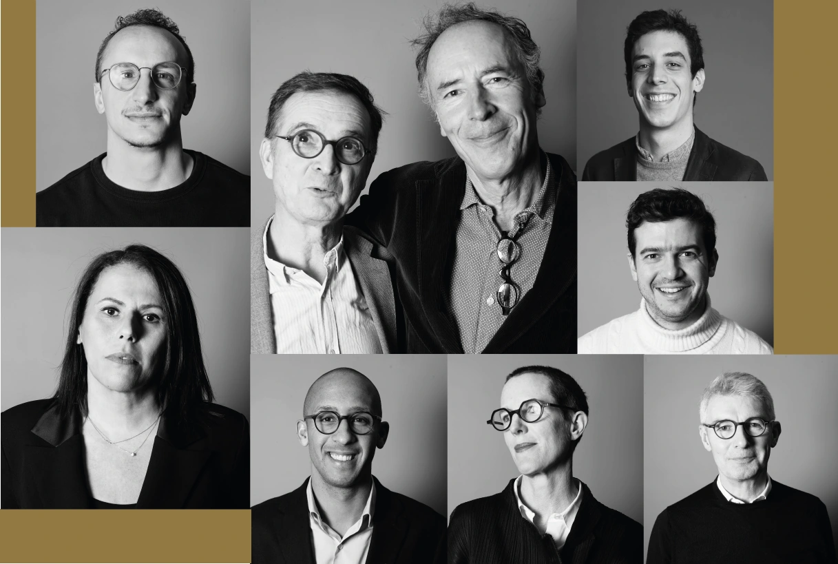 Composition de l’équipe Ascend Partners en portraits noir et blanc et accents dorés