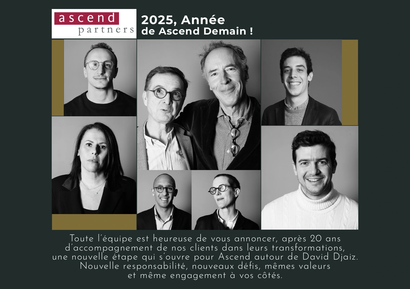 Déclinaison fixe du greeting Ascend Partners 2025, portraits et message de l’équipe