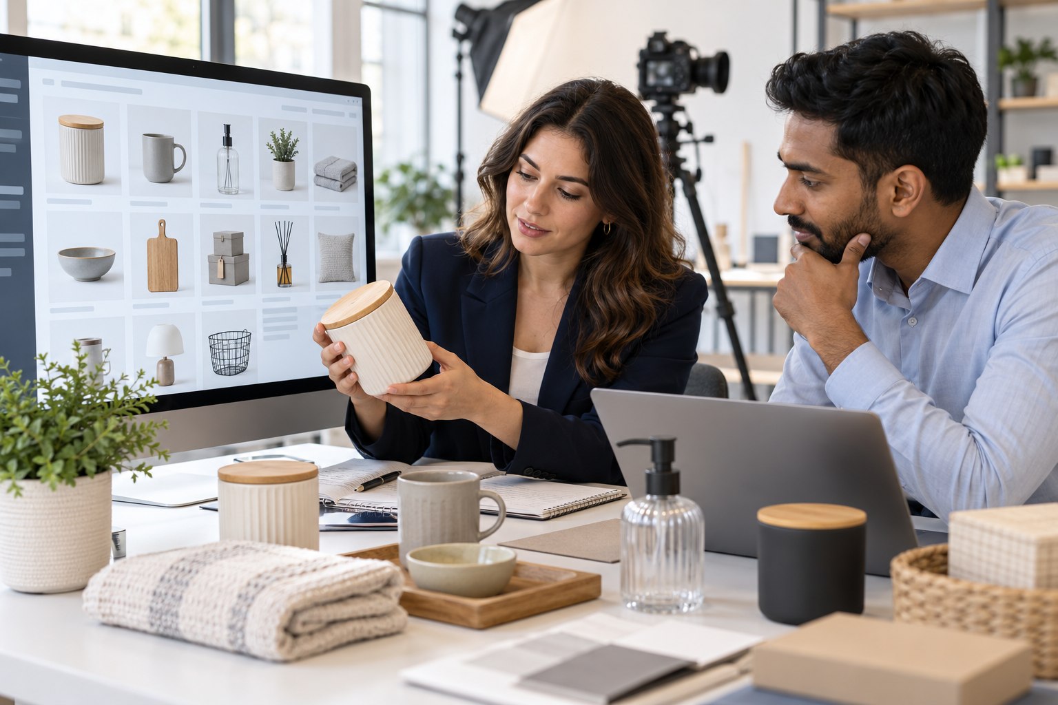 Illustration générée : deux professionnels comparent des produits et les informations d’un catalogue numérique.