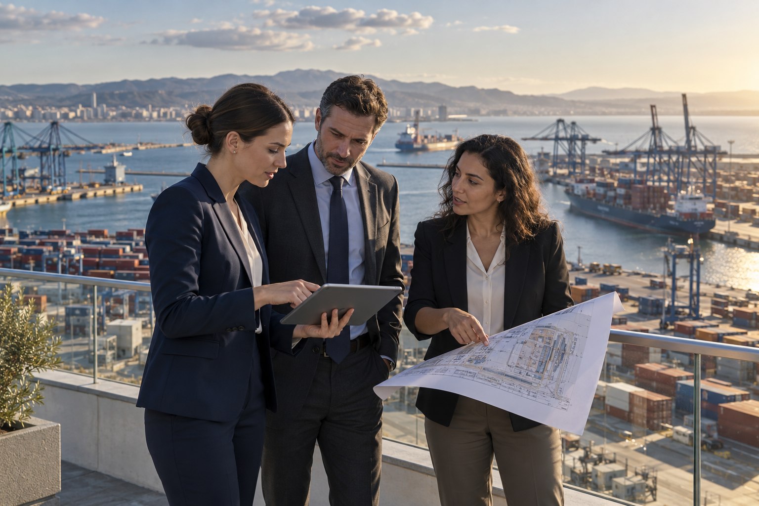 Illustration générée : trois professionnels examinent un projet au-dessus d’un port de commerce.