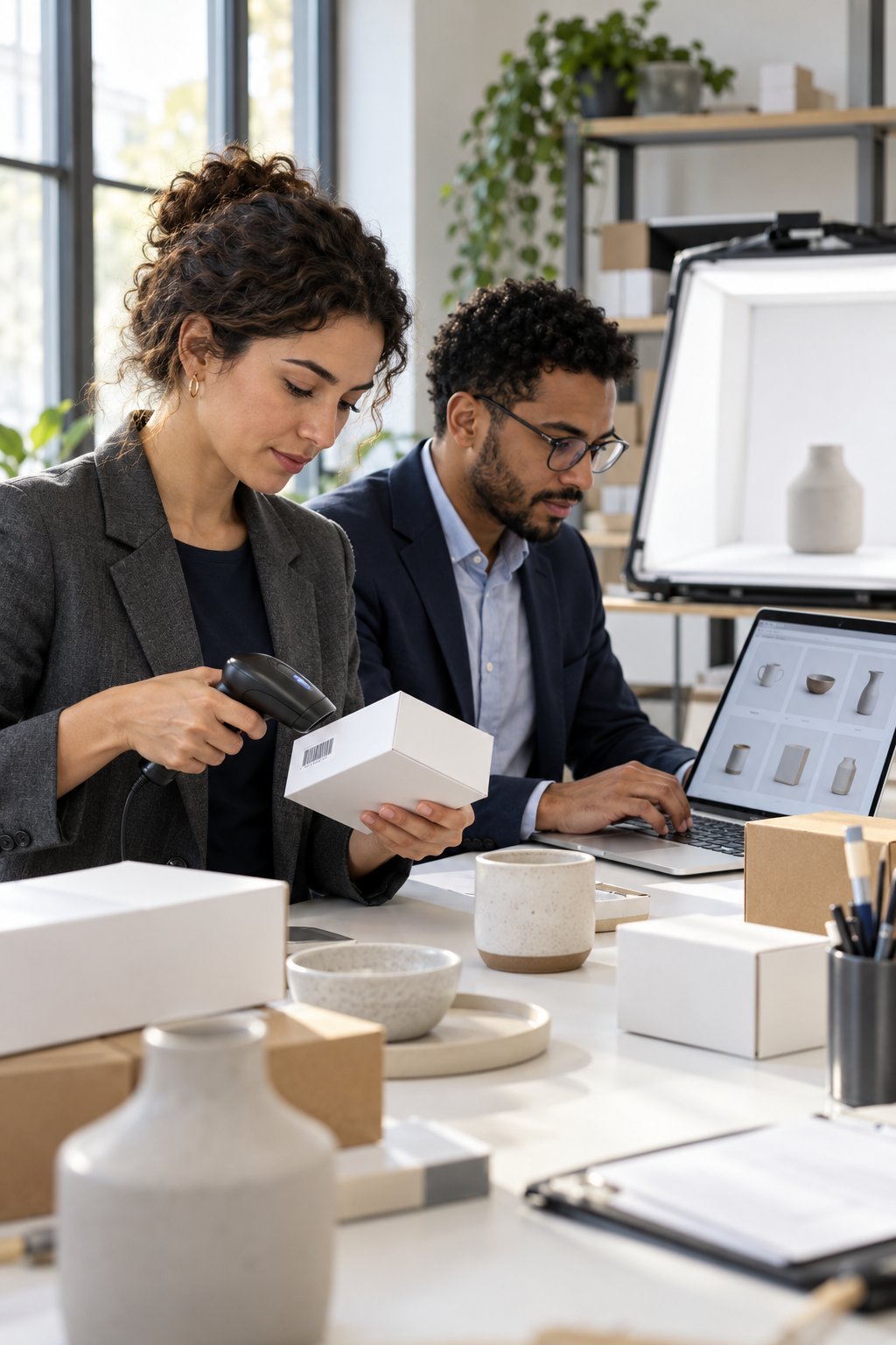 Illustration générée : deux professionnels vérifient les informations et le code-barres d’un produit.