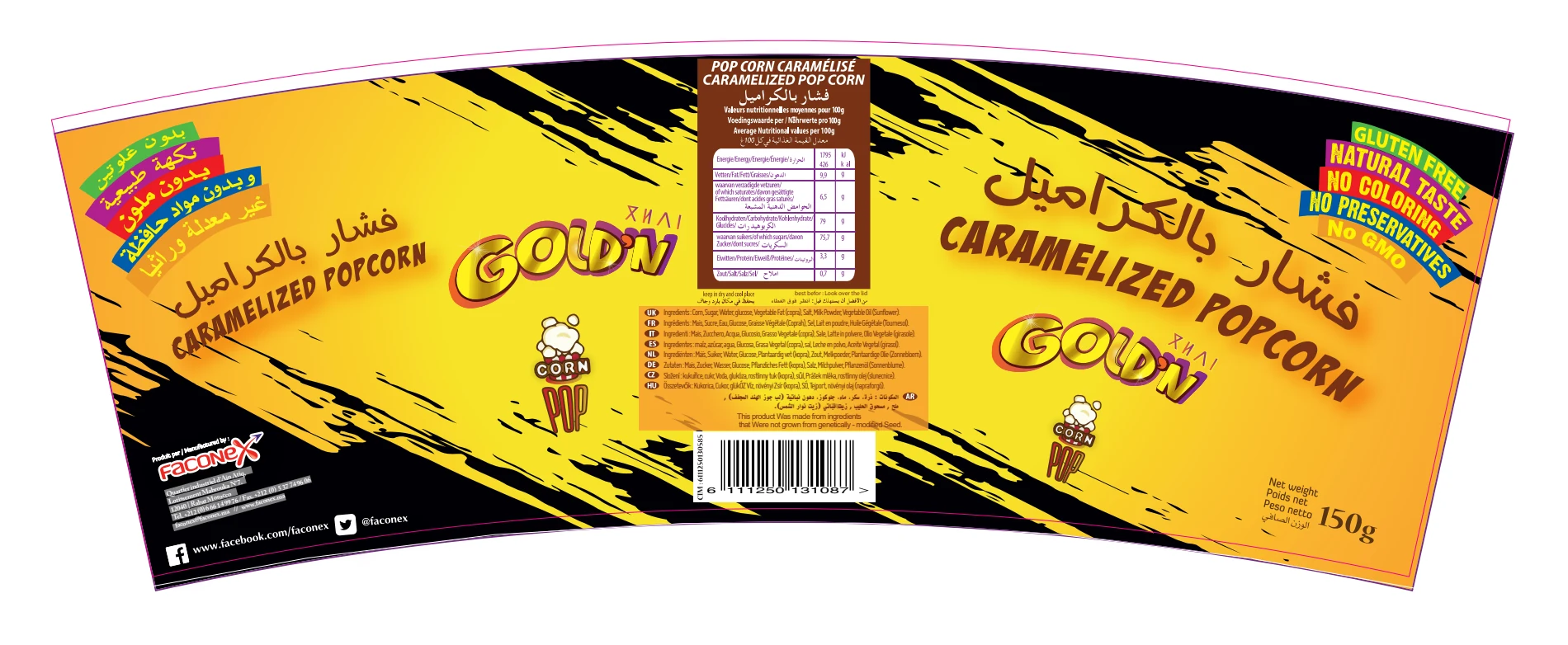 Artworks à plat du packaging Gold’n pop-corn avec tracé de découpe