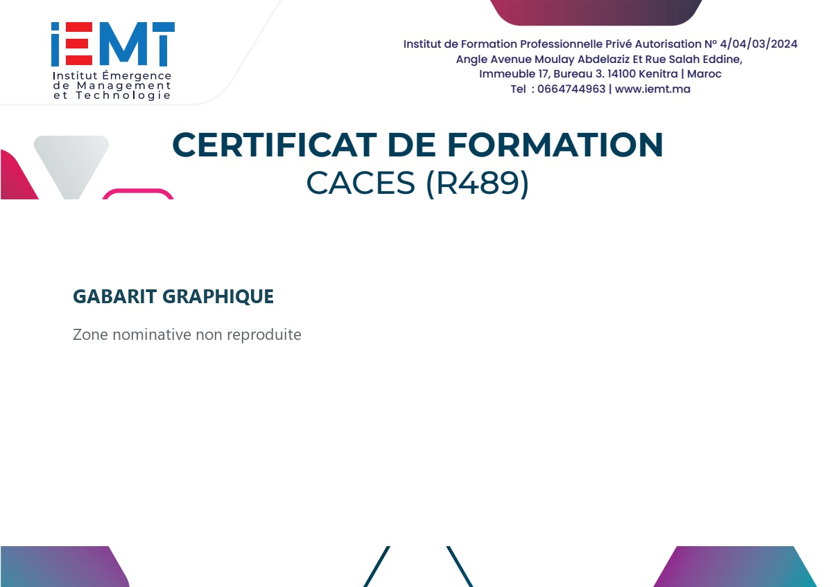 Extrait graphique du gabarit IEMT de certificat de formation, sans données nominatives