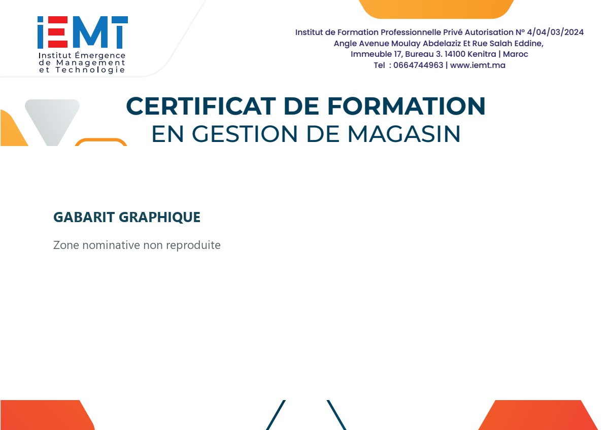 Extrait graphique du gabarit IEMT de certificat en gestion de magasin, sans données nominatives
