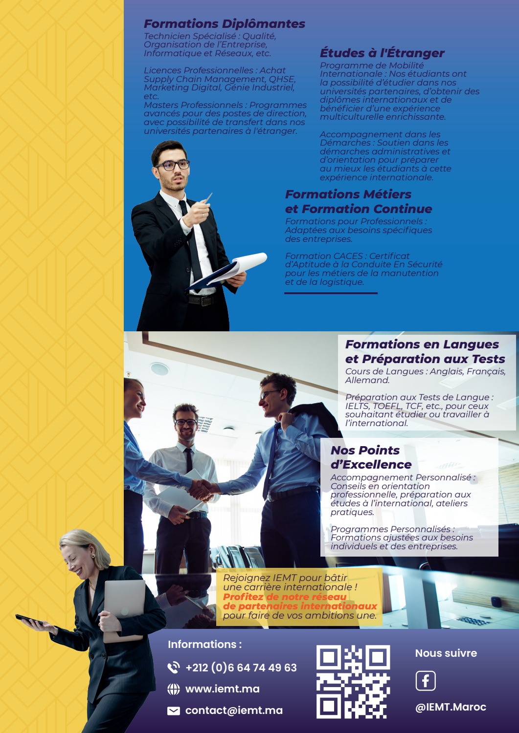 Verso du flyer IEMT : domaines de formation et informations de l’institut