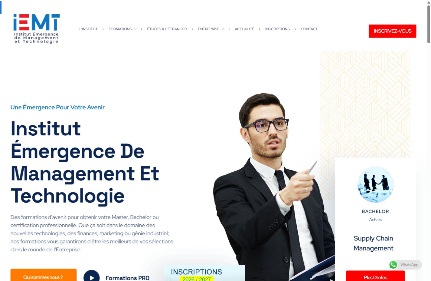 Capture réelle de l’accueil IEMT sur ordinateur, réalisée le 12 octobre 2026