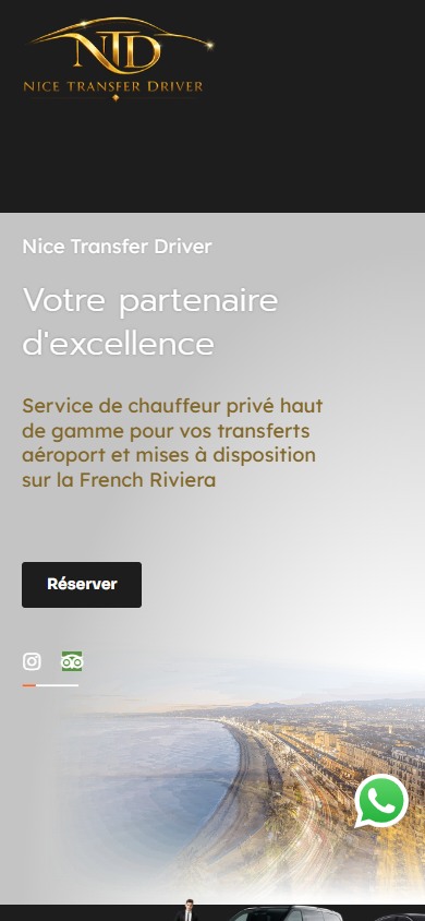 Capture réelle de la page d’accueil de Nice Transfer Driver sur mobile, le 10 octobre 2026