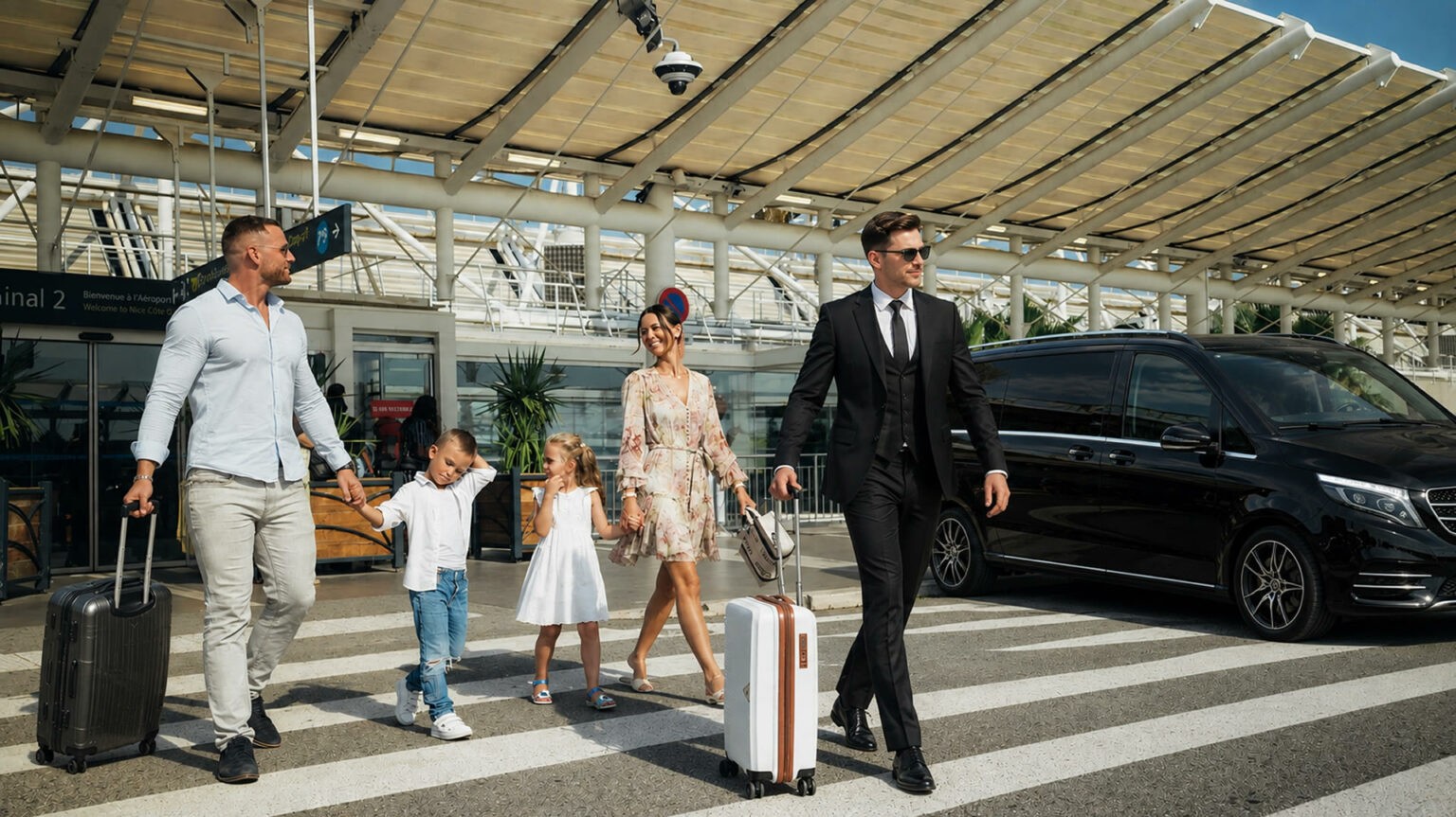 Visuel du site client : chauffeur accueillant des voyageurs devant l’aéroport de Nice